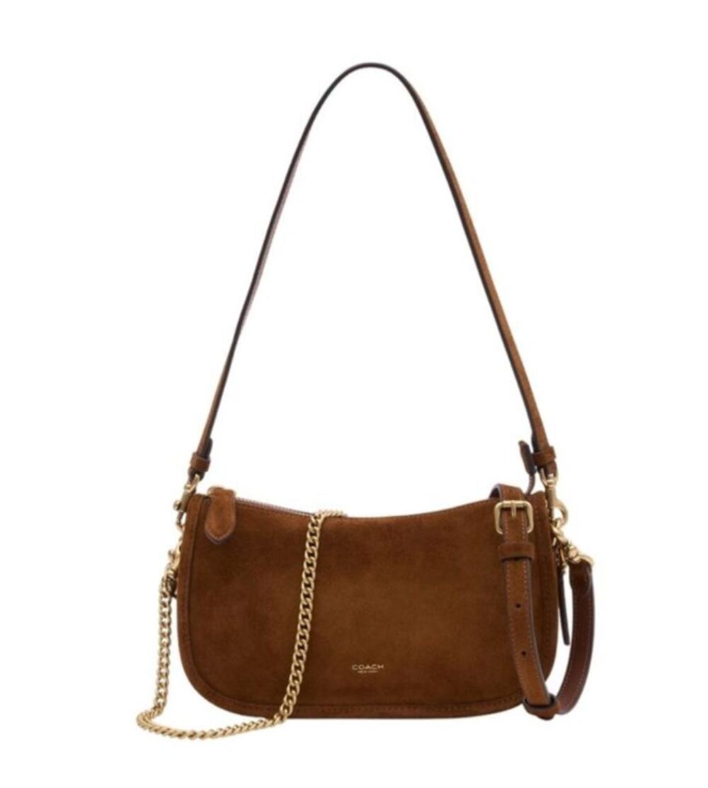 Coach Suede Waverly Shoulder Handbag Purse with Chain Strap Warm Brown
